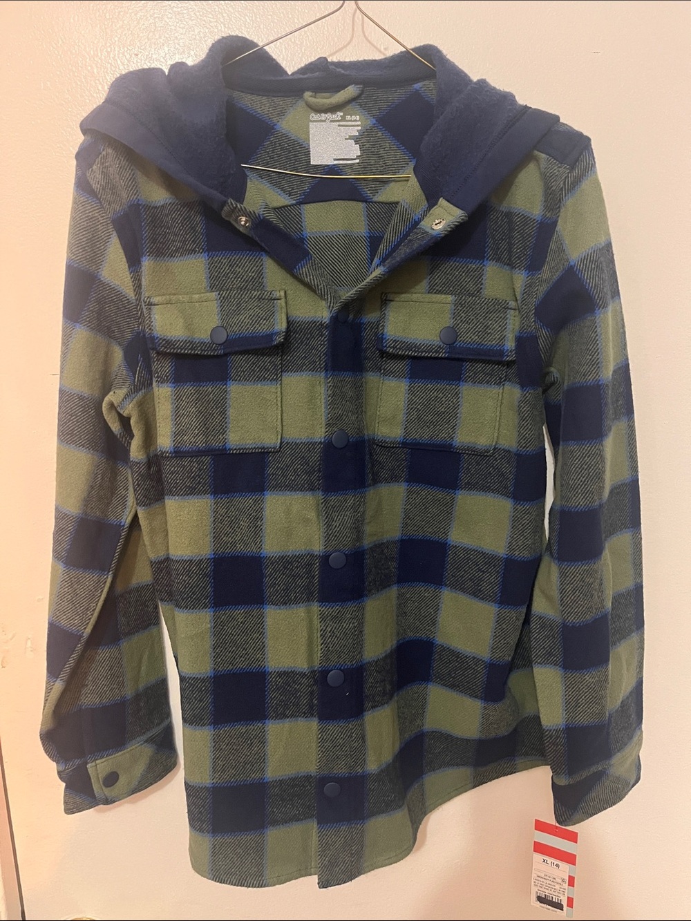 Cat & Jack Children's Hooded Plaid Shirt Jacket - Navy & Olive